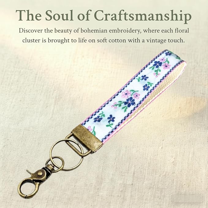 Boho Vintage Embroidered Floral plant Wristlet Keychain for Women | Cute Lanyard&Antique Brass Clasp, Lightweight Hands-Free Key Holder for keys,purses,handbags and daily outdoor use for ladies