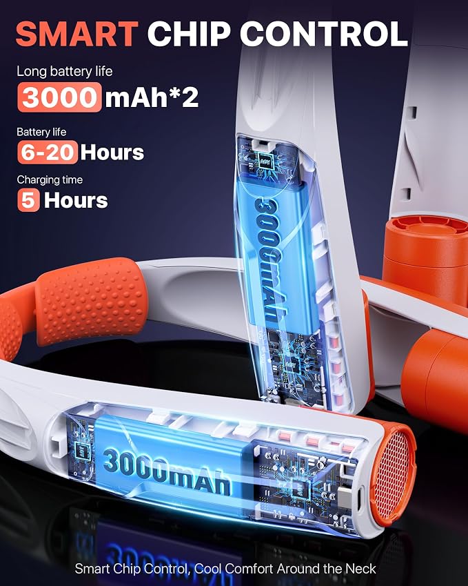 AaoLin Portable Neck Fan with 6000mAh Battery, USB-C Rechargeable, Orange Hands-Free Personal Fan 6 Speeds, 6-20Hrs Cooling for Outdoor Sports/Gym/Office, Adjustable 11oz Lightweight, Neck Cooler