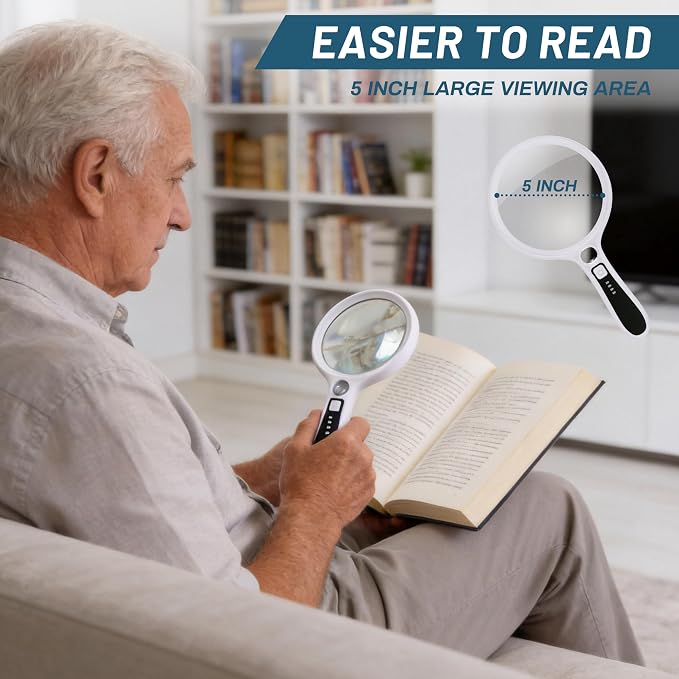 Large Magnifying Glass with Light: 10X 30X 5IN Lighted Handheld Magnifier with 13 LED Lights 3 Modes, 1150mAh Rechargeable Magnifying Lens Gift for Seniors Reading Coins Close Work-White+Black