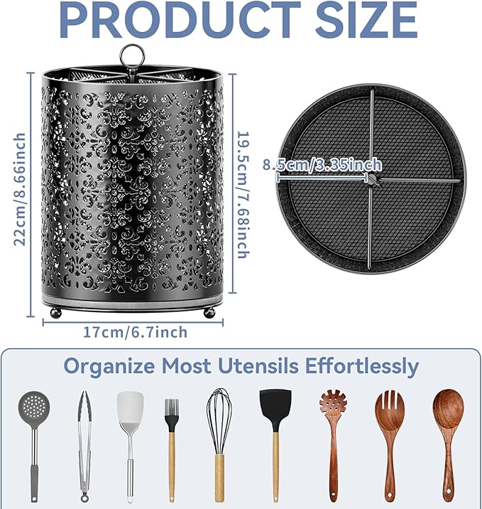 360° Rotating Utensil Holder - Extra Large Cooking Utensils Caddy Counter Organizer with Instant-Dry and Removable Base for Kitchen Tools