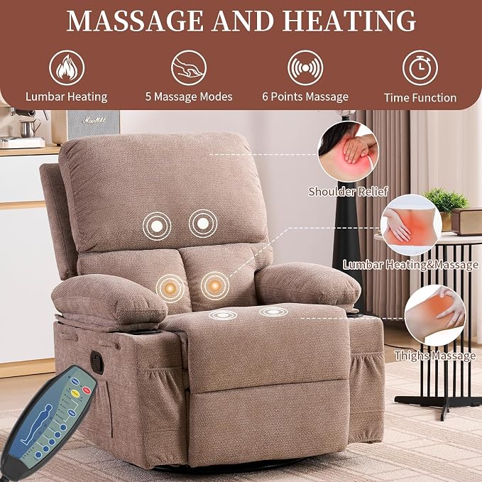 Recliner Chairs for Adults and Elderly, Swivel Rocker Recliner with Massage and Heating, Manual Reclining Chair with Cup Holders and Side Pockets, Comfy Rocking Chair for Living Room, Brown