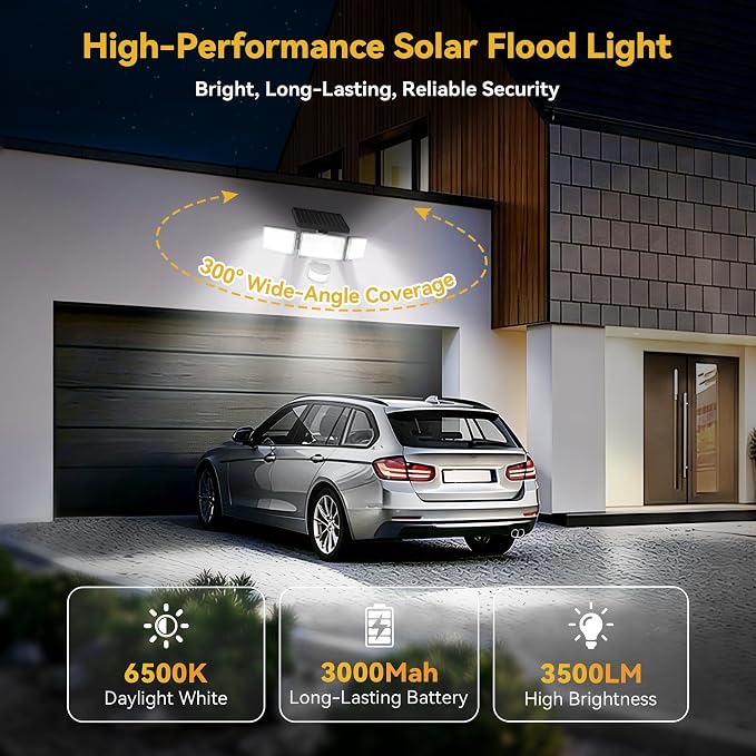 Solar Lights Outdoor, 3500LM 168 LED Motion Sensor Solar Flood Lights, 3 Heads 300° Wide Angle, 3 Modes IP65 Waterproof Solar Security Lights for Yard Garden Patio, 1 Pack (Black)