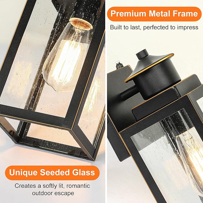 2-Pack Dusk to Dawn Outdoor Wall Lights, Black with Gold Trim | Auto ON/OFF, Waterproof, Rust-Resistant, Durable Metal & Seeded Glass, Easy to Install, Ideal for Front Door, Garage