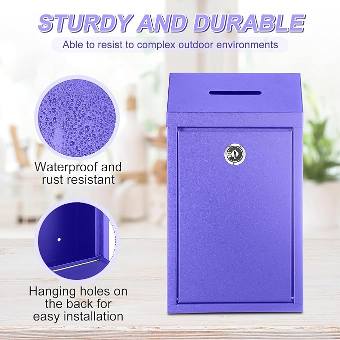 Yaocom Metal Money Box,Purple,10.24 x 5.71 x 2.95 Inch,No Lid | Wall Mounted Drop Donation Cash Box for Farm Stand Collection Safe Suggestion Box with Lock Container for Home Office Outdoor