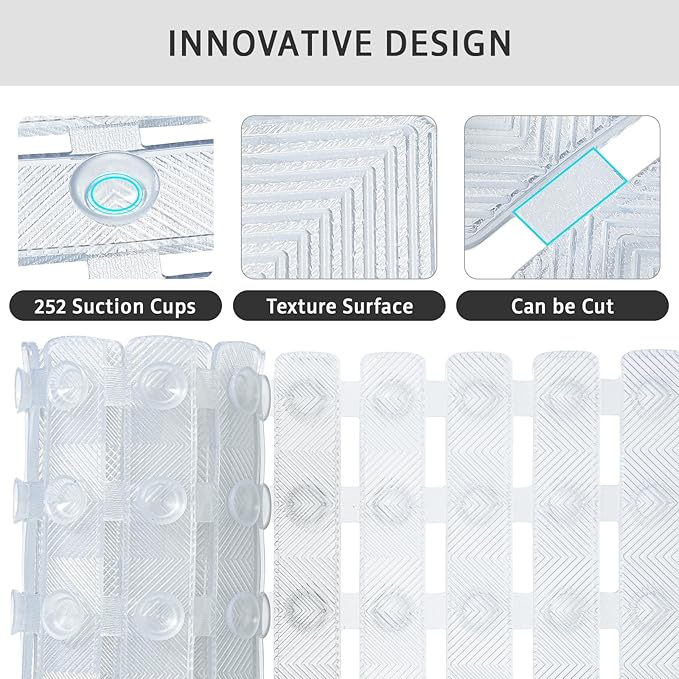 XIYUNTE Shower Mat Non Slip Bath Mat for Tub - 40 X 16 Inch PVC Bathtub Mat Non Slip Shower Mats for Inside Shower, Bath Tub Mat with Powerful Suction Cup, Easy to Cut and Dry, Clear