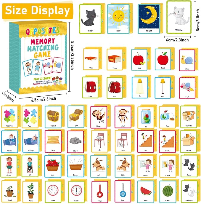 gisgfim 100 PCS Opposites Memory Matching Game Sight Words Concentration Memory Card Educational Game for Kids Preschool Learning Educational Ages 3-8 A Fun & Fast Gift Activities Matching Games