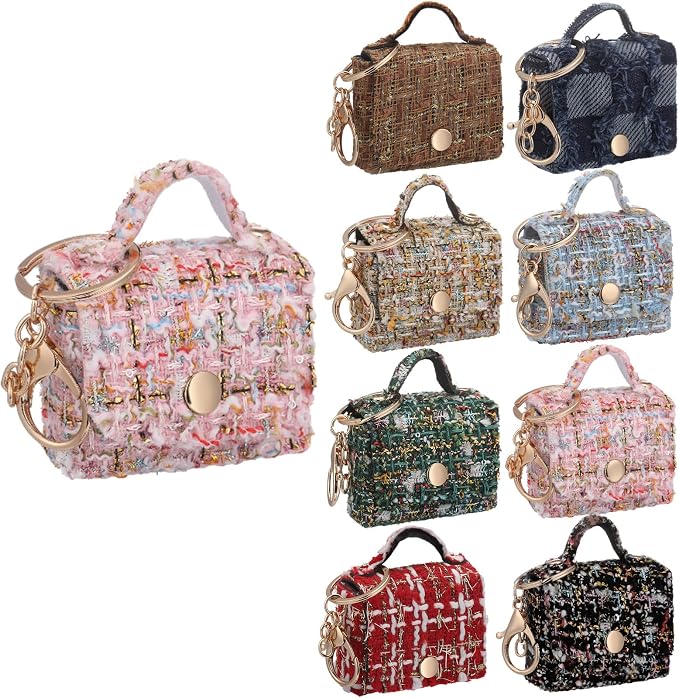 Liliaafar 8 Pcs Mini Backpack Keychain Mini Coin Purses for Women Cute PU Leather Makeup Bag with Keychain, Multi Pocket Card Holder Cable Organizer Giftable Zipper Pouch (Elegant Tweed)