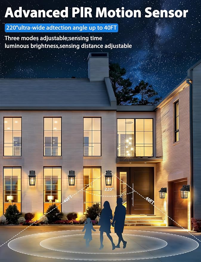 Lotsky Motion Sensor Outdoor Wall Lights, Dusk to Dawn Porch Light 2 Packs, Aluminum Waterproof Exterior Lighting Fixture, Black Farmhouse Outside Sconces for Front Door, Garage, Patio