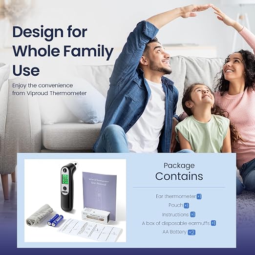 Viproud Digital Ear Thermometer for Kids & Adults, Accurate Results (Black) | With 21 Disposable Probe Covers, 1s Fast Reading, 3-color backlight screen, 30 Memory Recall, ℃/℉ Switchable, Silent Mode