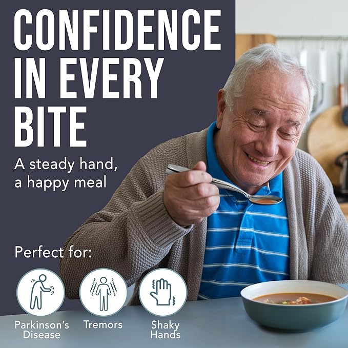 BunMo Weighted Utensils for Tremors and Parkinsons Patients - Heavy Weight Silverware Set of Knife, Fork and Spoon - Parkinsons Gifts for People with Parkinson's - Adaptive Eating Flatware (4 Pieces)