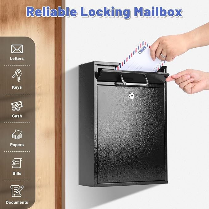 KYODOLED Steel Key Lock Mail Boxes Outdoor, Locking Wall Mount Mailbox, Security Lock Drop Box, Collection Boxes for Home, Office or Commercial,16.2H x 11.2L x 4.6W Inches, Black X Large