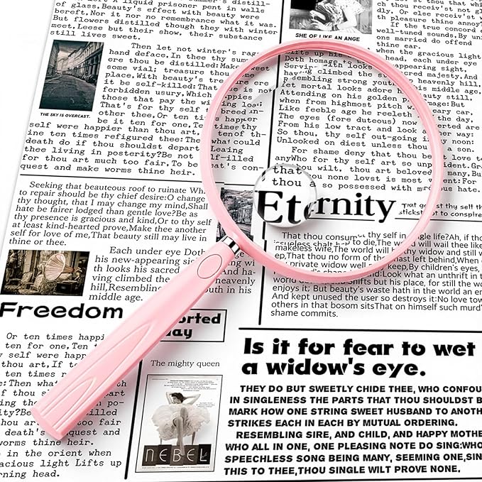 Feosky Handheld Reading Magnifier, 10X Magnifier, 130mm Shatterproof Lens, Non-Slip Handle for Adults Close Work, Seniors Reading and Nature Exploration, Hobby Observation(Pink)