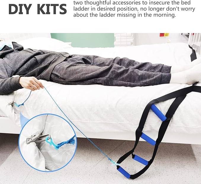 Bed Ladder Assist,Pull up Helper and Sit up Helper 4 Handle Grips,Bed Rail Assistance Devices Adjustable Length Bed Lift for Most Beds Mobility Aid for Elderly, Handicapped,Injured (160 INCHES)