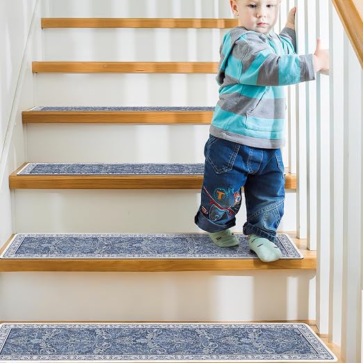 Floral Stair Runner Non Slip 15 Pack Stair Treads 8x30 | 15PCS Wooden Steps Stair Treads 8x30 Inch, Stain Resistant Washable Stair Carpet Rug Silicone Backing, Kids Elders