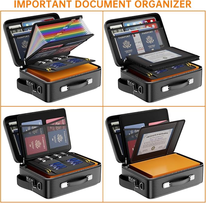 DocSafe Fireproof Document Box Hard Case with Lock ＆ Accordion File Folder | Fire and Water Resistant Safe Box,File Organizer,Multi-Pocket,Home Office Travel Storage for Important Document,Laptop,Black