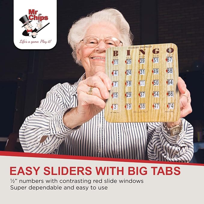 MR CHIPS Jam-Proof Fingertip Slide Bingo Cards with Sliding Windows 100 Pack in Tan Style