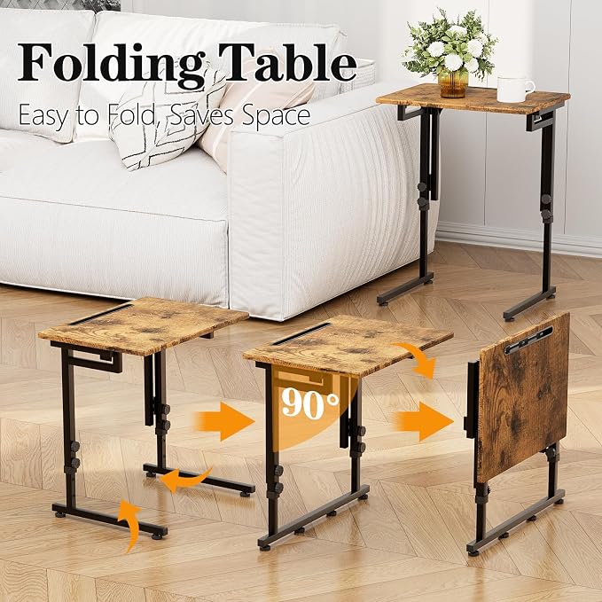 Adjustable Folding TV Tray, C-Shaped Foldable Table for Couch, Brown | Heavy-duty steel frame, No assembly needed, Height adjustable, Folds flat for storage, For Small Space, Living room