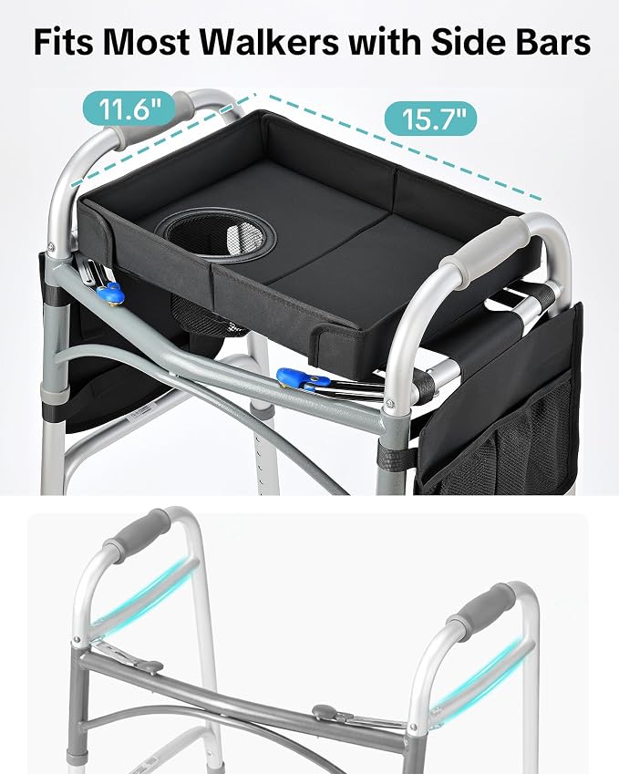 Walker Tray for Folding Walker, Side Pockets & Cup Holder | Fits 17–19" Folding Walkers with Side Bars, Easy Install, Adjustable Straps, Spill-Resistant Surface, Lightweight for Seniors
