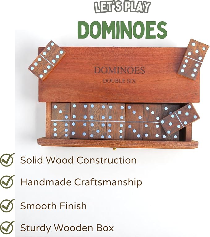 T one Handmade Dominos Set for Adult and Kids with Wooden Box(28 Tiles) | Double six Dominos for Indoor Play | Family Party Game | Gift for Birthday/Christmas/Father Day (Design-3)