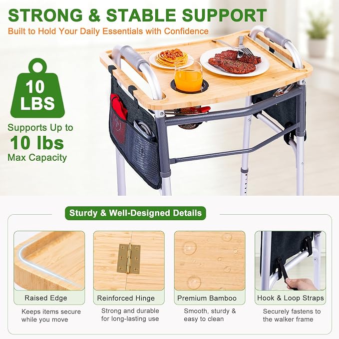Walker Tray Table with Side Pockets & Cup Holder for Folding Walkers, Foldable Bamboo Walker Tray for Seniors, Stable Walker Accessories with Raised Edges for Meals, Drinks, Reading &Daily Living