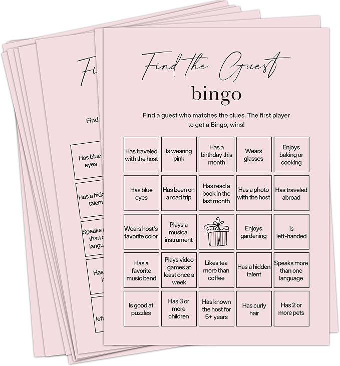 Find The Guest Bingo Cards – 25 Unique Cards, Icebreaker Party Games for Adults, Rustic Blush Pink Mingle Activity for Birthday Parties, Family Reunions, Office Events & Friendsgiving