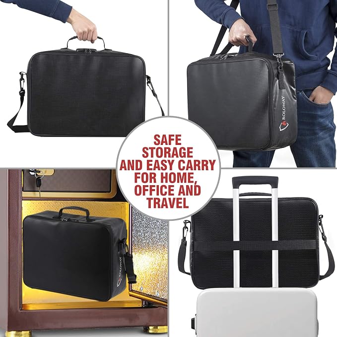 ROLOWAY Fireproof Document Bag with Lock (17 x 11.8 x 5 inch), Important Document Storage Bag with Multi-Layer File Organizers (Black)
