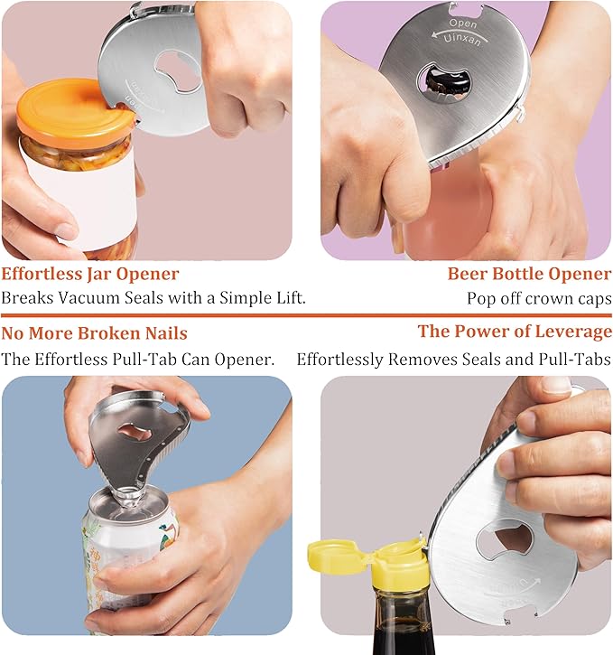 Jar Bottle Can Opener for Weak Hand & Seniors with Arthritis-Easy Twist Off Caps (0.6"-2.7") & Pull Tab Seals,Unique Kitchen Gadget,Multi,Portable Christmas Gifts for Elderly/Women/Men (Silver)