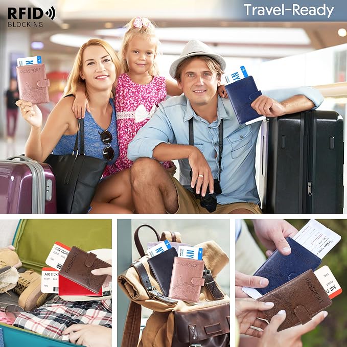 Passport Holder and Card Slot Combo RFID Blocking Leather Family Travel Passport Wallet Travel Accessories for Men Women US Passport Cover Protector (Travel blue)