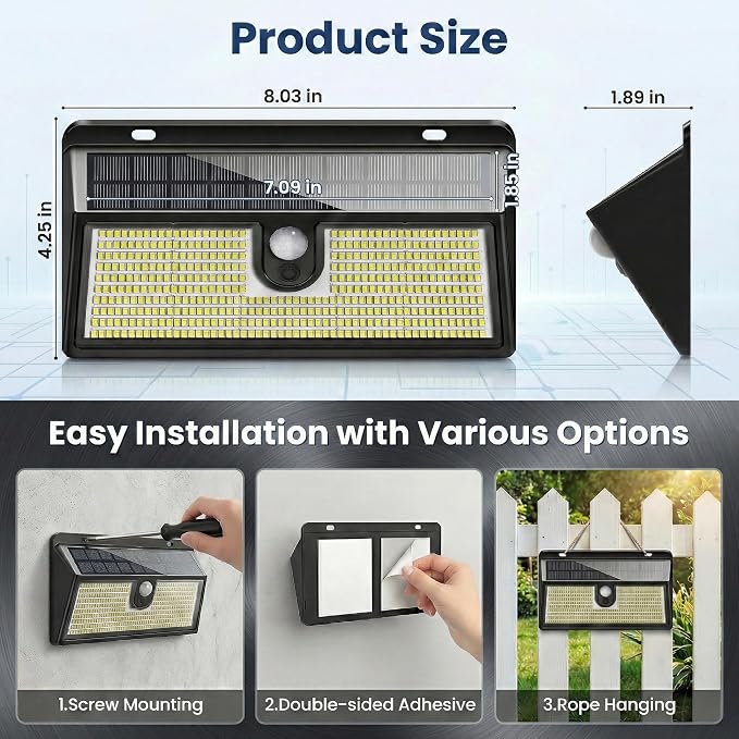 Solar Flood Lights Outdoor Motion Sensor, 452 LED Solar Security Lights with 26FT PIR Sensor, 270° Wide Angle, 30% Solar Conversion, IP65 Waterproof, 3 Modes for Yard Garage Fence Patio, 2 Pack