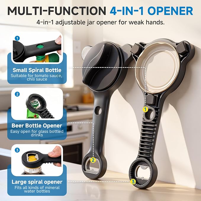 2026 Upgraded 4-in-1 Jar Opener - Adjustable Stainless Steel Lid Remover for Seniors & Arthritis Sufferers (Black)