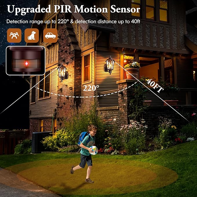 2-Pack 16” Large Motion Sensor Outdoor Wall Lights, Brown | Auto ON/OFF, 3 Lighting Modes, Waterproof, Rust-Resistant, Durable Metal & Water Ripple Glass, Vintage Style, Easy to Install