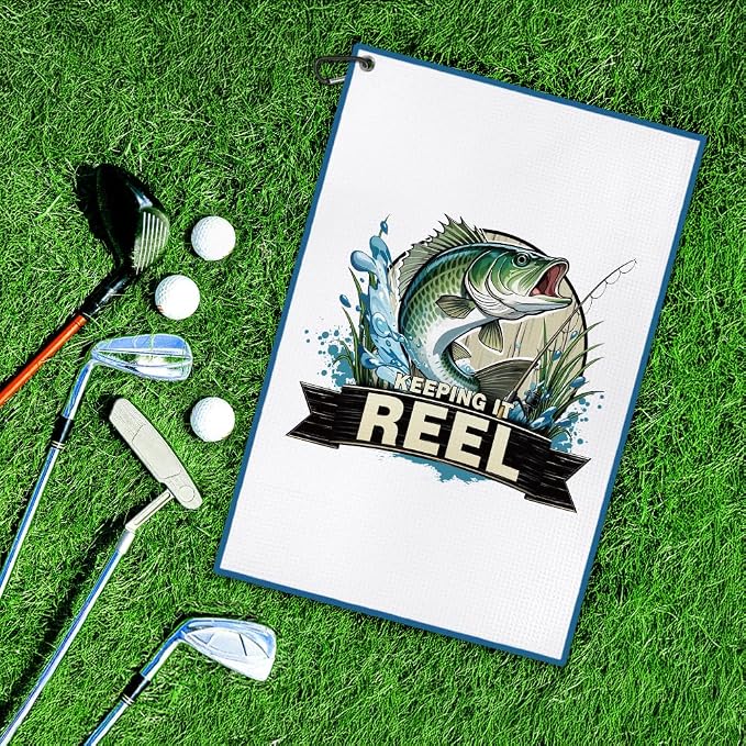 DYJYBMY Keeping It Reel Printed Golf Towel with Clip, Retro Sea bass Sport Towel for Fishing Lover, Retirement Gifts for Coworker, Father's Day Birthday Appreciation Gifts for Husband Dad Grandpa