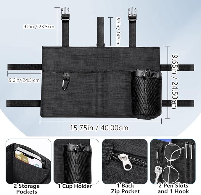 Rhino Valley Walker Bag, Multi Pockets Folding Walker Basket Tote Bag with Cup Holder, Hand-free Carry Pouch Storage Bag for Universal Walkers, Large Capacity Organizer for Seniors Elderly, Black