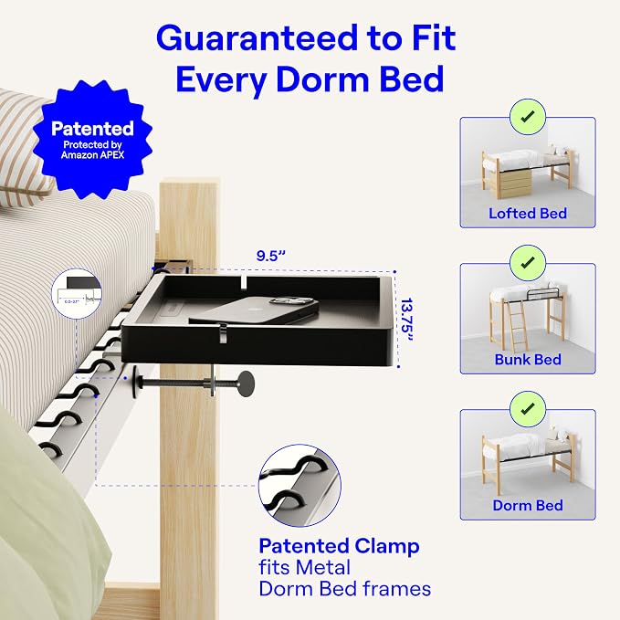 BedShelfie Wood Bedside Shelf for Dorm Room - Black | Bunk Bed & Top Bunk, College Dorm Room Essentials, Loft Nightstand, Floating Bed Side Table Tray, By Smallish