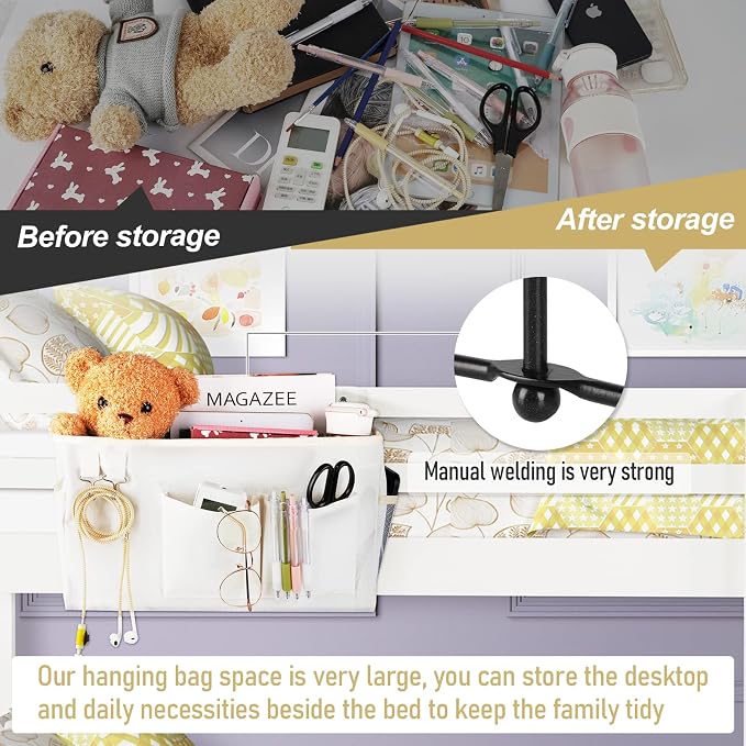 Bedside Caddy Organizer Hanging Storage Bag Bunk Bed White | Bed Caddy with Magazine Water Bottle Phone Holder for College Dorm and Hospital Beds