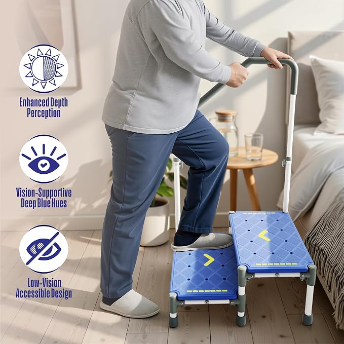 Extra Long Step Stool with Handle for Elderly(22 Inch), Heavy Duty 2 Stepping Stool with Adjustable Handrails for High Beds, Non-Skid Platform Foot Stool for Adults, Seniors, Handicapped (Blue)