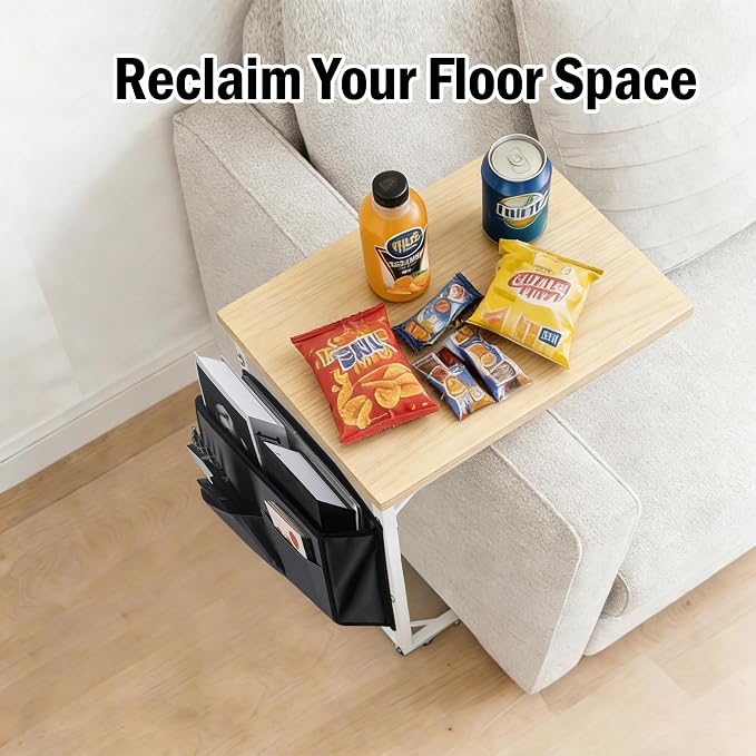 C Shaped End Table for Couch, Small Side Table for Living Room & Bedroom, Slide Under Sofa Table for Laptop, Coffee, Snacks, Easy Assembly, Modern Design