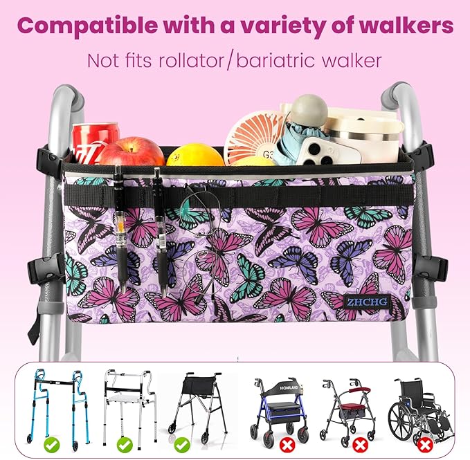 ZHCHG Walker Basket for Seniors, Walker Accessories Bag for Folding Walker | Large Capacity & Never Tipping Over, Best Gift- (Not Fit Rollator Walkers)- Purple
