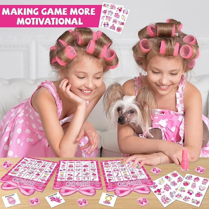 39 Pcs Pink Bow Party Bingo Game for Adults Kids 24 Players Pink Girls Party Bingo Game Cards with Reward Stickers for Family Friends Large Group Gathering Bachelorette Princess Doll Party Favors