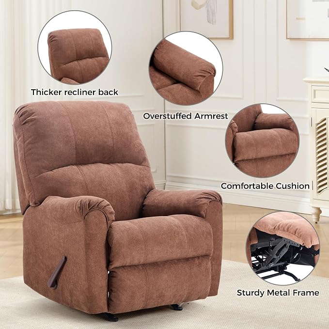 Rocker Recliner Chair for Adults Set of 2,Manual Recliner Chair with Overstuffed Backrest and Armrests, Soft Fabric Manual Rocking Reclining Sofa for Living Room,Brown