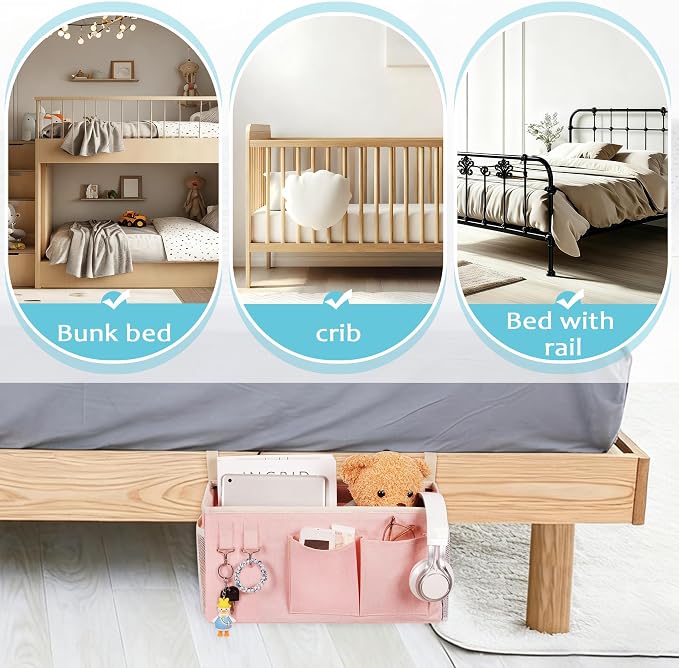 Bedside Caddy, Bedside Storage Bag Hanging Organizer for Bunk Dorm Bed Rail | Bed Caddy with Hooks, Top Bunks and Dorm Essentials for Water, Tissues, Tablets, Books, Phones, Remotes and Other Necessories