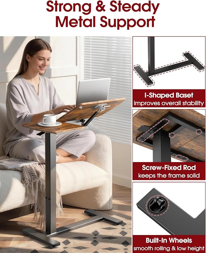 Sakugi Overbed Bedside Table with Wheels, Right-Side Tilt Top, Laptop Desk | Home & Office, Hospital Bed Table, Rolling Bed Tray, Height Adjustable, Brown,12.9" D × 27.6" W × 29.1"–39" H
