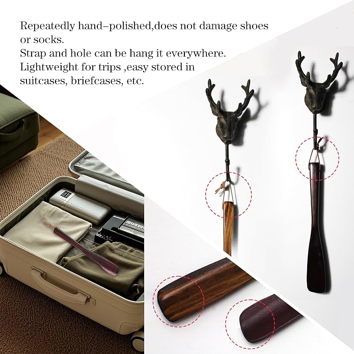 15'' Shoe Horn Long Handle for Seniors Men Women 9.7'' Short Shoes Spoon for Kids Wooden Shoehorn Boot Helper for Elderly Family Pregnant Travel 2PCS Set, Brown+ Wine
