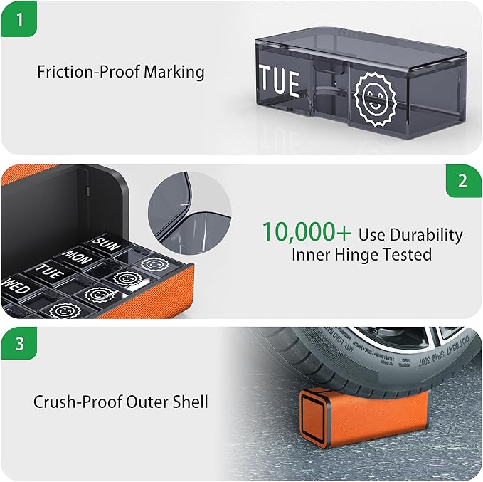 Large 7-Day Pill Organizer | PU Leather Travel Case with Discreet & Aesthetic Design | Detachable, Compact Pill Box for Vitamins & Medicine (Orange)