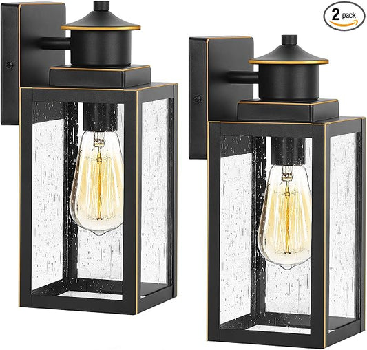 2-Pack Outdoor Wall Lights with Seeded Glass, Black with Gold Trim | Waterproof, Rust-Resistant, Durable Metal, Easy to Install, Ideal for Front Door, Garage