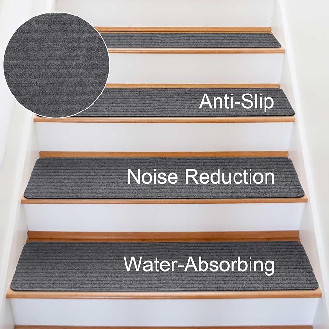 15 PCS Non Slip Stair Treads for Wooden Steps – 8"x30" Indoor Non Slip Stair Treads, Carpet Stair Mats with Self-Adhesive Backing, Removable & Machine Washable – Dark Grey