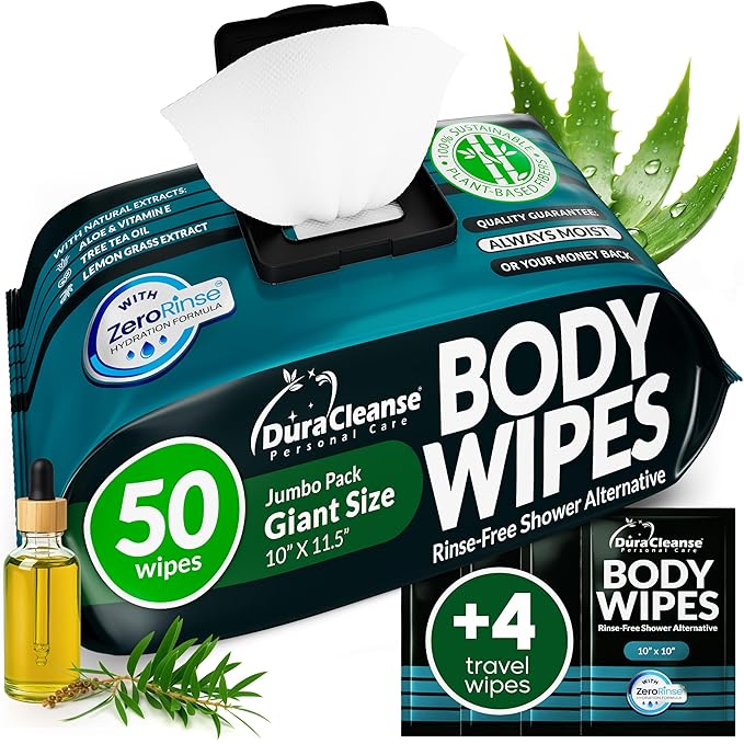 XL Body Wipes for Men – 50 No Rinse Shower Sheets + 4 Travel Bath Sachets, 10" x 11.5" Adult Disposable Washcloths and Face Towels for Camping, After Gym and Survival Gear