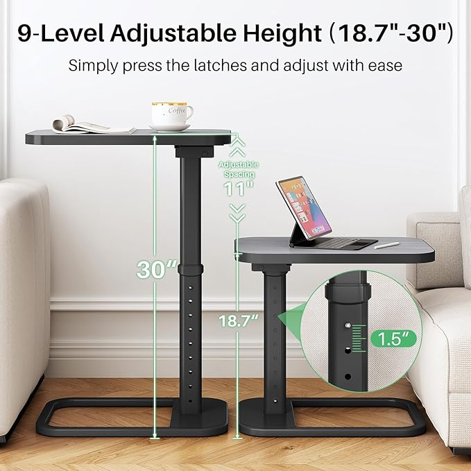 Kitstorack TV Tray Table, Adjustable Height & Rounded Metal Corners, Snack Table for Couch, Sofa, Bed, Chair, Living Room, C Shaped End Side Table for Eating, Dinner or Laptop, Small Spaces, Dark Gray