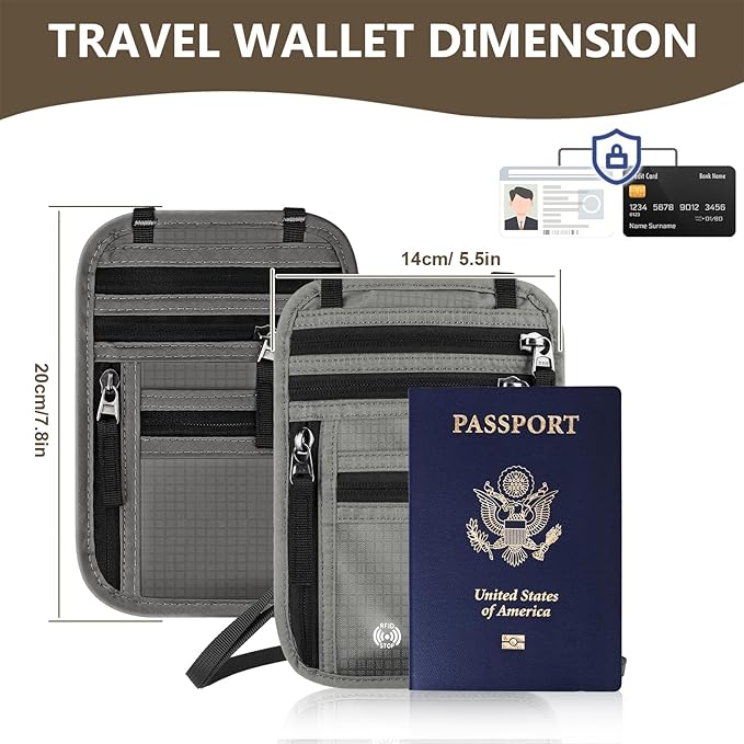 Likesing 5.5" L x 7.9" W Travel Neck Wallet, RFID Passport Pouch(Dark Grey) | RFID Blocking Passport Holder for Travel, Security Lightweight Passport Travel Wallet, Neck Pouch Gifts for Women Men