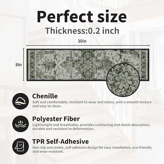 Non Slip Stair Treads for Wooden Steps, 4 Pack 8"x30" Washable Carpet | 8x30 in soft chenille polyester stair treads with reusable TPE backing for indoor wood stairs, dogs, kids, and seniors